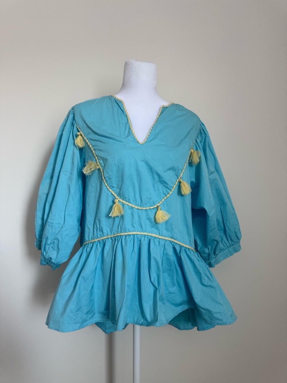 CROSBY by Mollie Burch Turquoise Top with Yellow Braided Trim size small EUC
